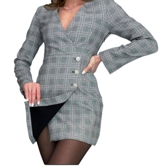 Zara Plaid Blazer Mini Dress Women's Size XS Jeweled Buttons L/S Faux Wrap Style - Picture 16 of 16